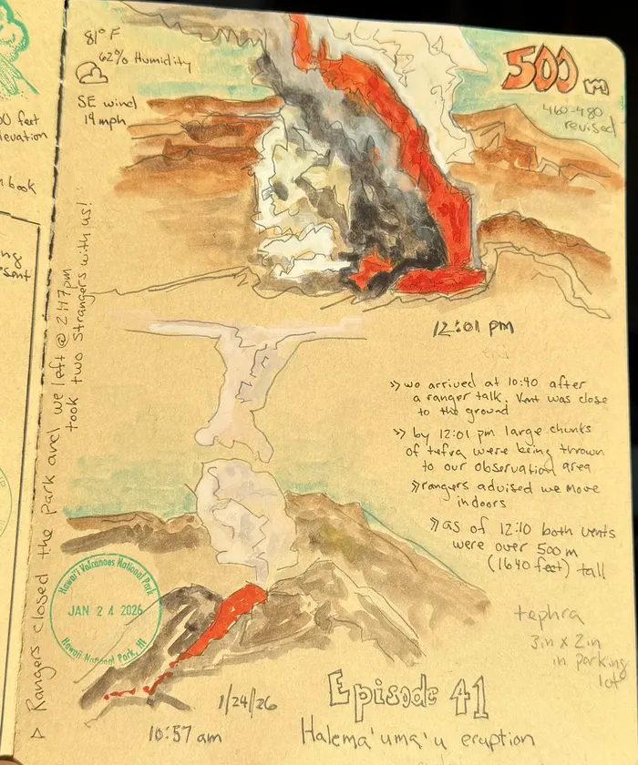 Journal page with a watercolor sketch of the Halemaʻumaʻu eruption at Kīlauea, showing lava fountains and steam plumes, with a national park entry stamp and field notes on vent heights and evacuation