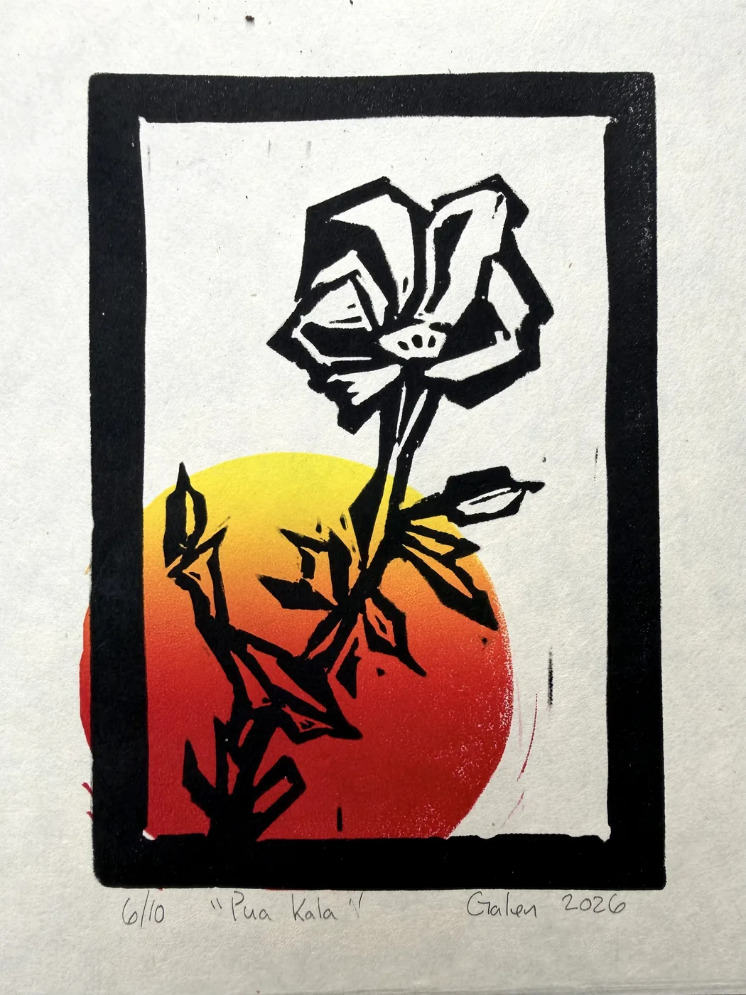 Pua Kala linocut print, a hibiscus flower over a red and yellow sun